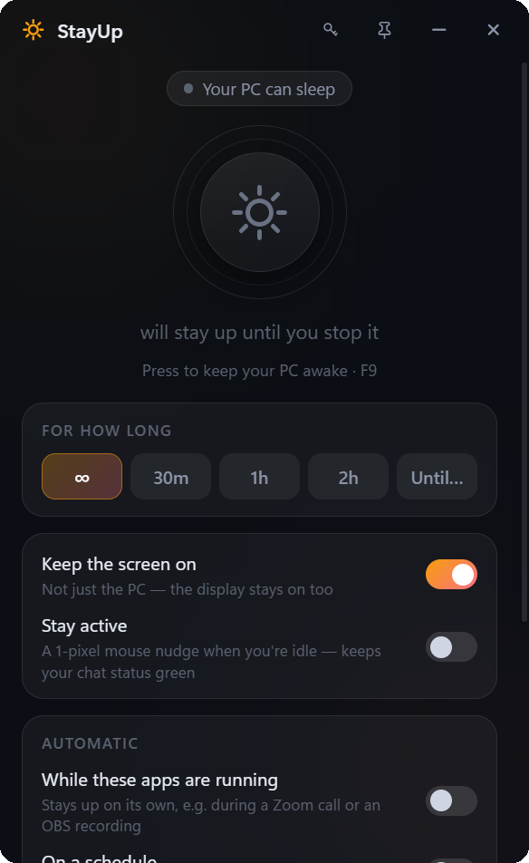 StayUp at rest: the sun button is dim and the PC is allowed to sleep