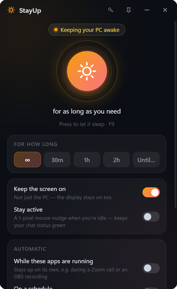 StayUp keeping a PC awake: glowing sun button, status pill and duration presets